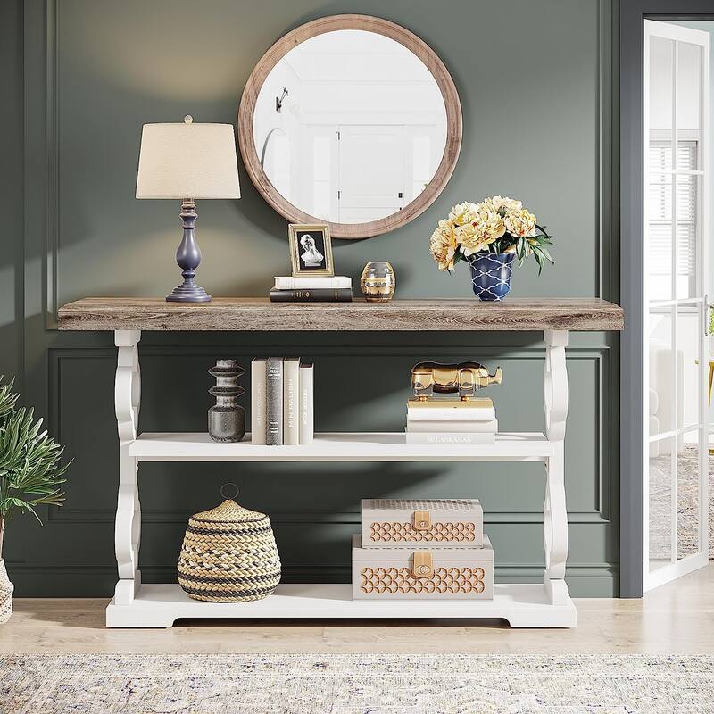 Farmhouse Console Table, 3 Tier Entryway Sofa Table Narrow Long, 55-inch Accent Table for Hallway, Grey - Grey