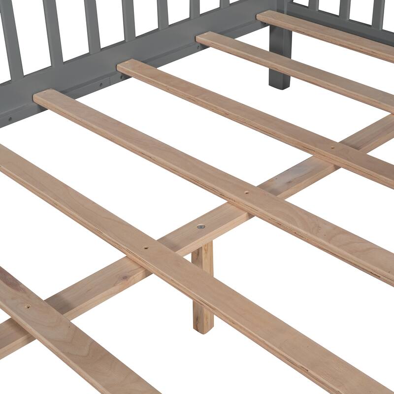 Platform Bed for Kids Teens, House Shaped Bed with Fence and Roof, Solid Wood Low Bedframe w/Slats Support, No Box Spring Needed