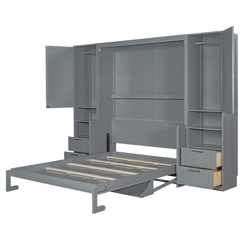 Full/Queen Size Horizontal Murphy Bed with Integrated Storage, Wood Wall Murphy Bed Frame with Closet, Drawers and Shelves