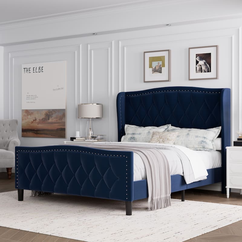 Modern Upholstered Velvet Bed with Wingback Headboard
