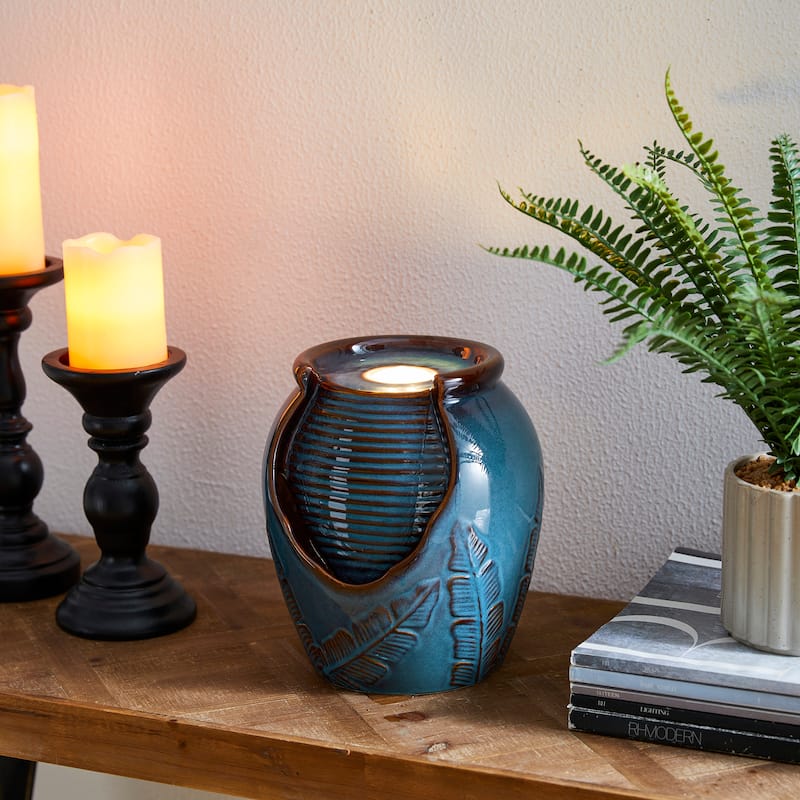 Glitzhome 9"H Leaf Textured Ceramic Jar Indoor Tabletop Water Fountain with LED Lights