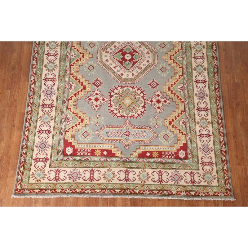 Gray Geometric Kazak Area Rug Handmade Wool Carpet - 6'6" x 9'9"