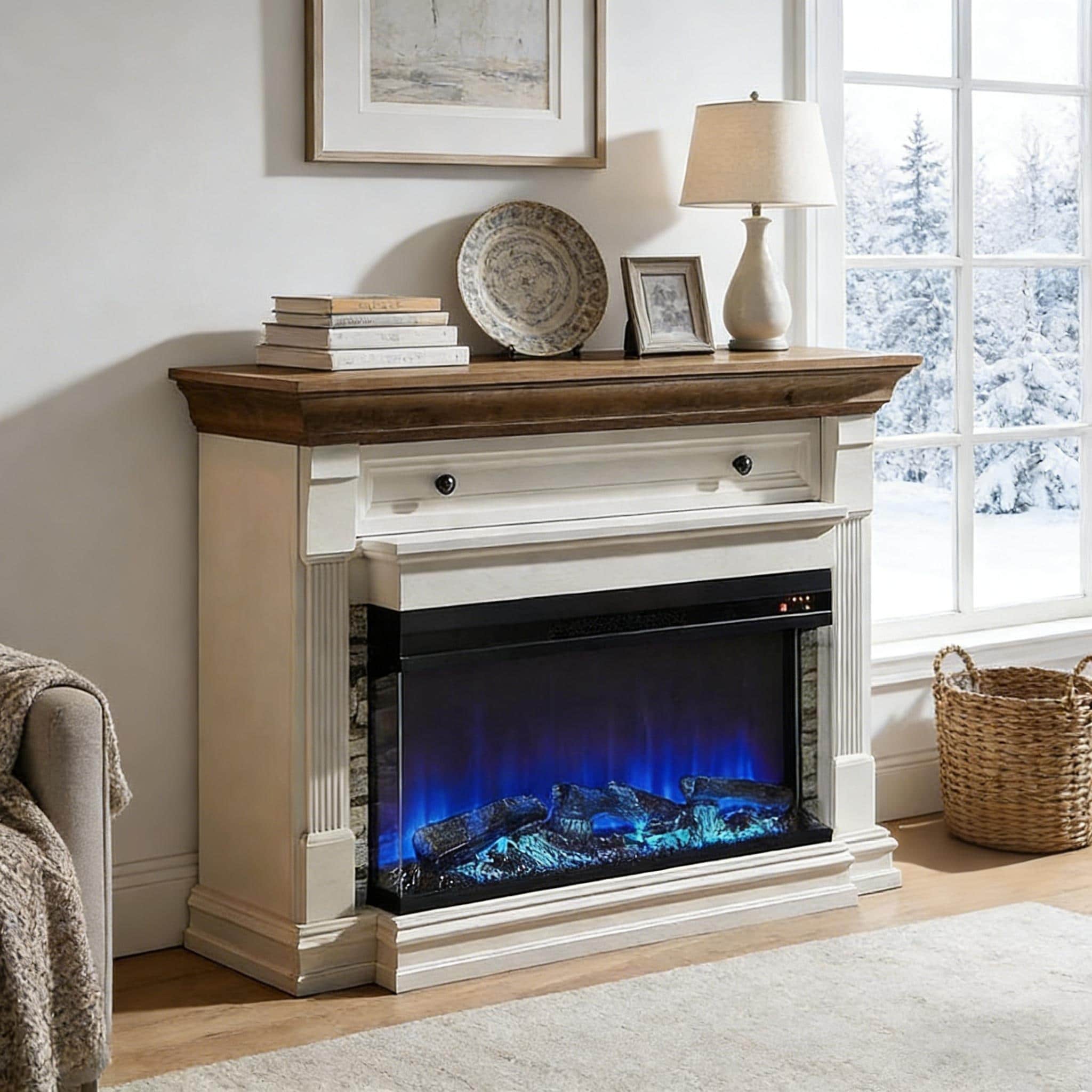 52" Farmhouse 3-Sided Fireplace TV Stand, Wood Entertainment Center