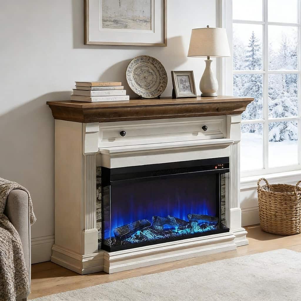 52" Farmhouse 3-Sided Fireplace TV Stand, Wood Entertainment Center