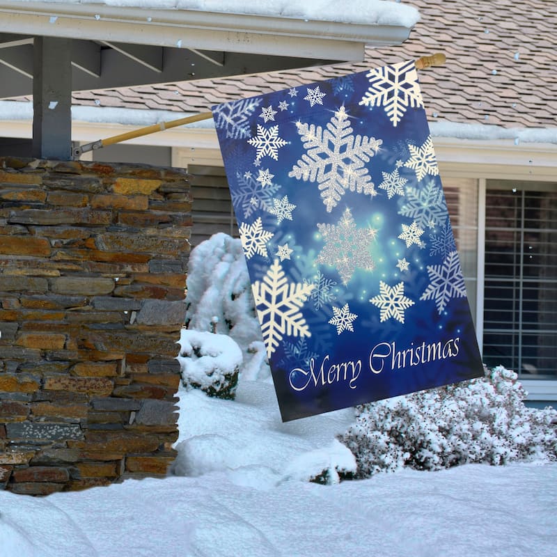 Merry Christmas and Snowflakes Blue and White House Flag 28" x 40" - 28" x 40"