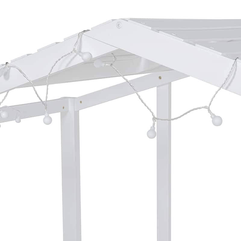 Twin Size Solid Wood Loft Bed with Ladder and Slide, House Bed with Blackboard and Light Strip on the Roof