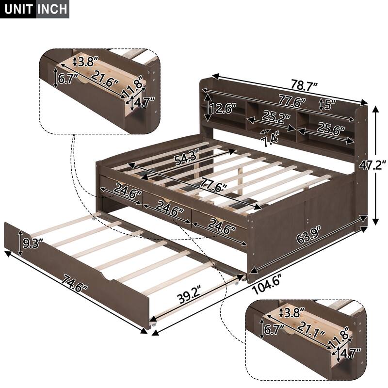 Full Size Wooden Bed with Bookcase Headboard, Three Storage Drawers, and Trundle for Space-Saving Design