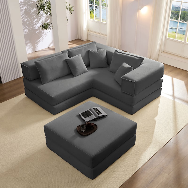 DIY Modular Corduroy L-Shaped Floor Sofa Set with 6 Pillows