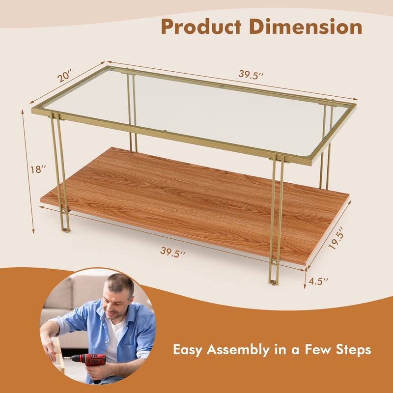 Gymax Coffee Table Rectangle Glass Top w/ Storage Shelf & Gold Steel
