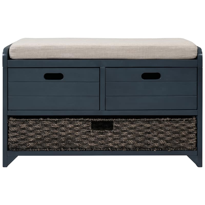 Storage Bench with Removable Basket and 2 Drawers, Removable Cushion - Navy