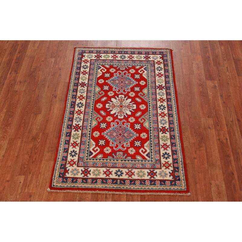 Traditional Kazak Oriental Rug Hand-Knotted Geometric Wool Carpet - 2'8"x 4'0"