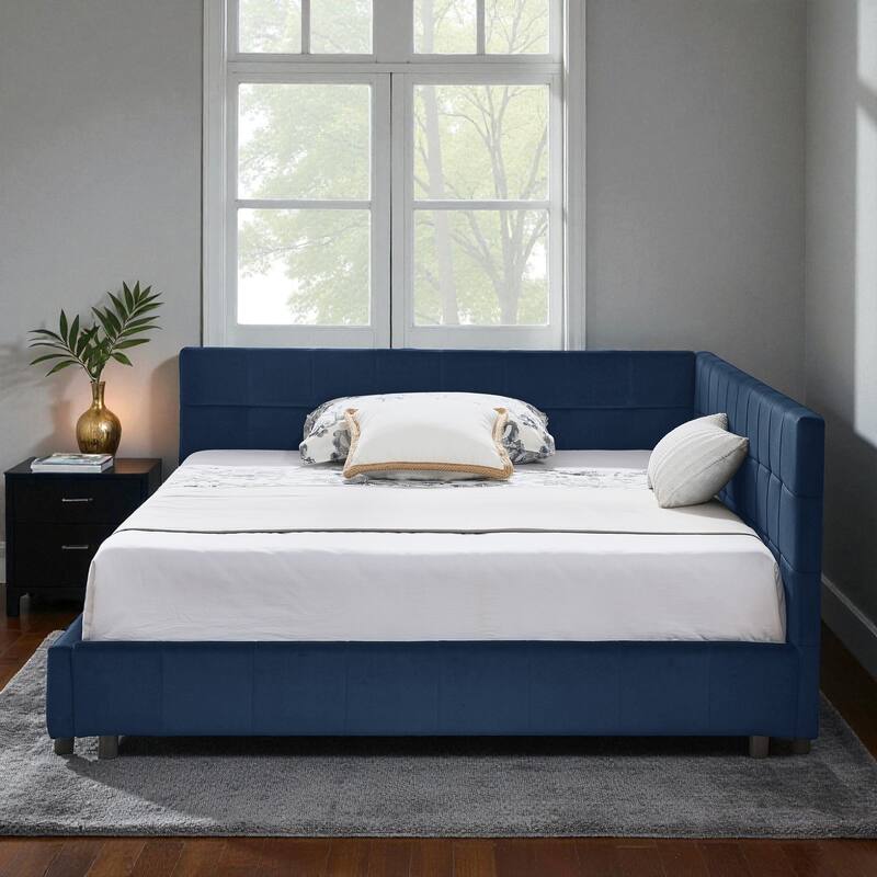 Full Size Velvet Upholstered Tufted Daybed Frame with Backrest and Armrest, Mid-Century Sofa Bed for Bedroom or Living Room