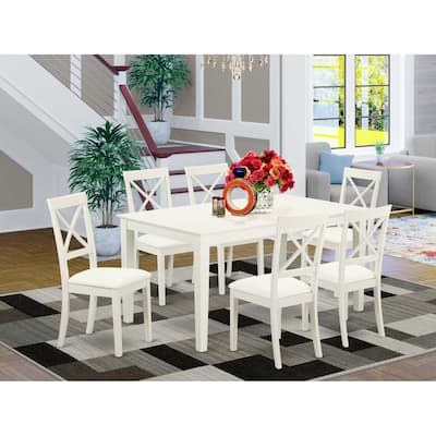 HomeStock 7-Piece Linen White Finish Solid Wood Top Dining Table with 6 Chairs with Lattice Back