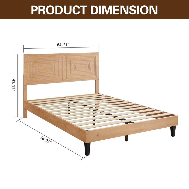 BIKAHOM Mid-Century Modern Solid Wooden Platform Bed with Adjustable Height Headboard for Bedroom