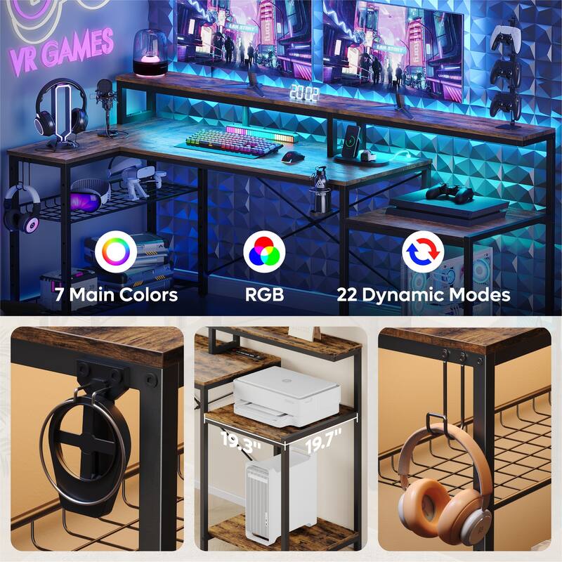 Bestier 71.5“” Computer Desk with Power Outlets, L Shaped LED Home Office Desk with Long Monitor Stand and Cup Holder & Hooks