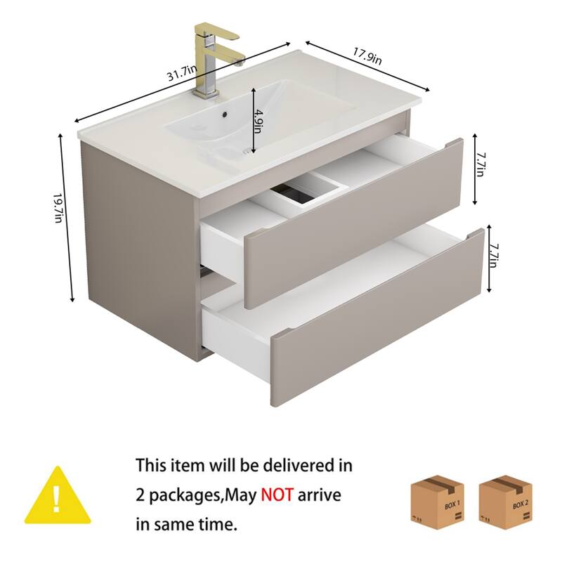 32 Inch Floating Bathroom Vanity with One-piece Ceramic Sink, Wall Mounted Cabinet with 2 Drawers