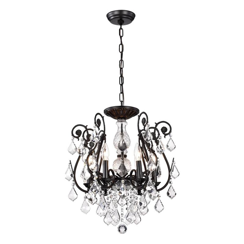 Antique Black 6-Light Wrought Iron Chandelier with Crystals Hanging