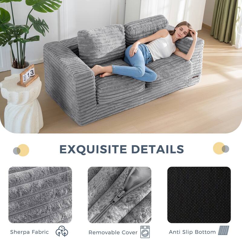62"Bean Bag Sofa Faux Fur Upholstered Loveseat Floor Sofa with Pillows