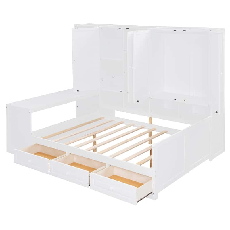 Daybed with Storage Drawers, Built-In Desk, Cabinets, and Shelves, Space-Saving Design