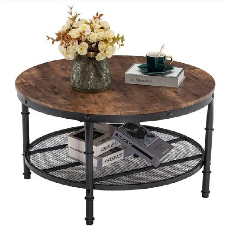 31.89in Double-layer Round Brown PVC Density Board Panel Black Base with Silver Pattern Powder-coated Iron Frame Coffee Table