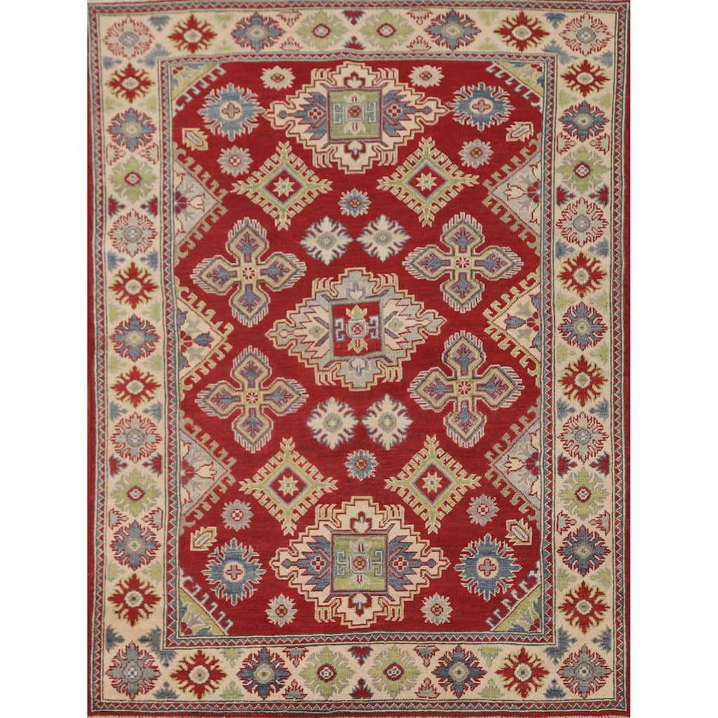 Red Kazak Area Rug Hand-Knotted Traditional Wool Carpet - 5'1" x 6'5"