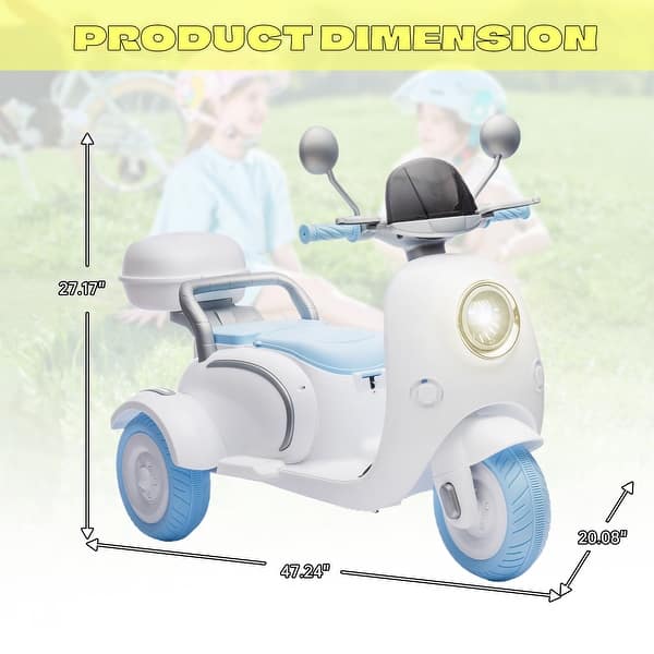 dimension image slide 0 of 3, 12V Slow Start Two-seater Three Wheels Kids Ride On Electric Motorcycle with Multi-function player&Storage Box for kids Aged 3-6