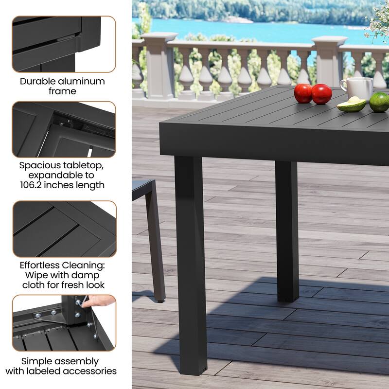 5/7/11-Piece Outdoor Patio Dining Set Aluminum Expandable Rectangular Dining Table with Adjustable Back Folding Chairs