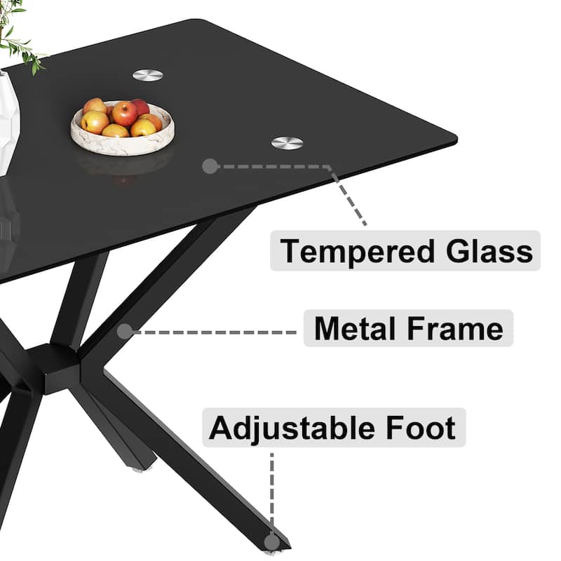 47.24" Rectangular Tempered Glass Dining Table,Stylish Design with Black Metal Legs, Kitchen Table for Dining Room