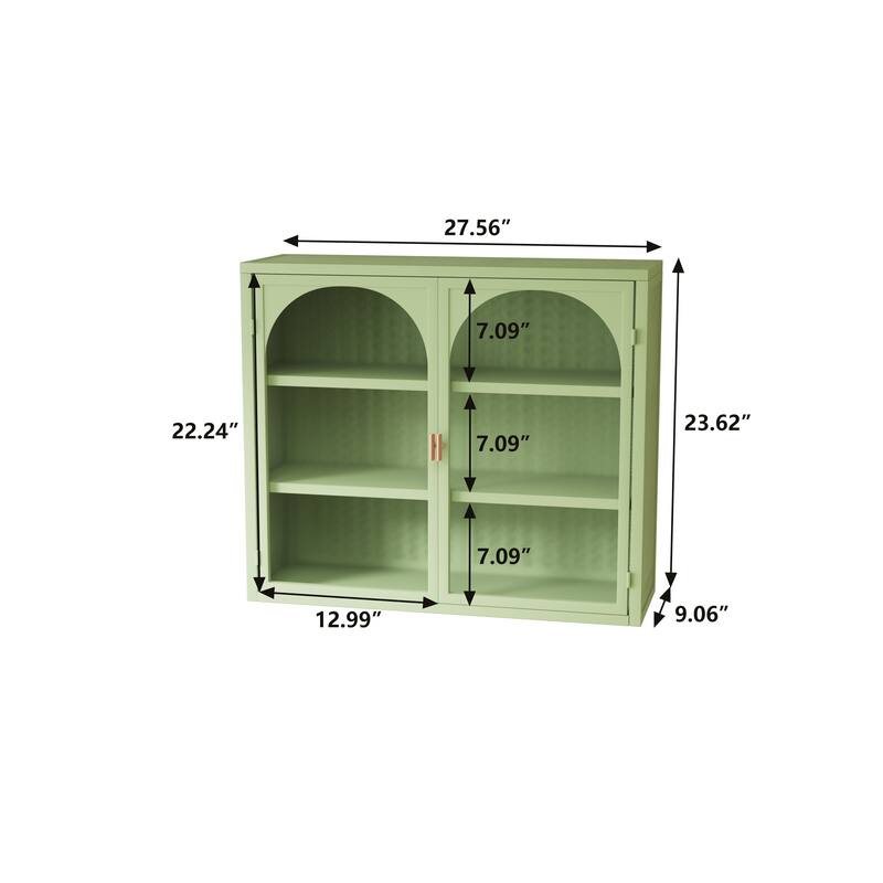 Green Wall Cabinet Buffet Sideboard with 3-tier Storage & Glass Door, Wall Storage Cabinet with Characteristic Woven Pattern