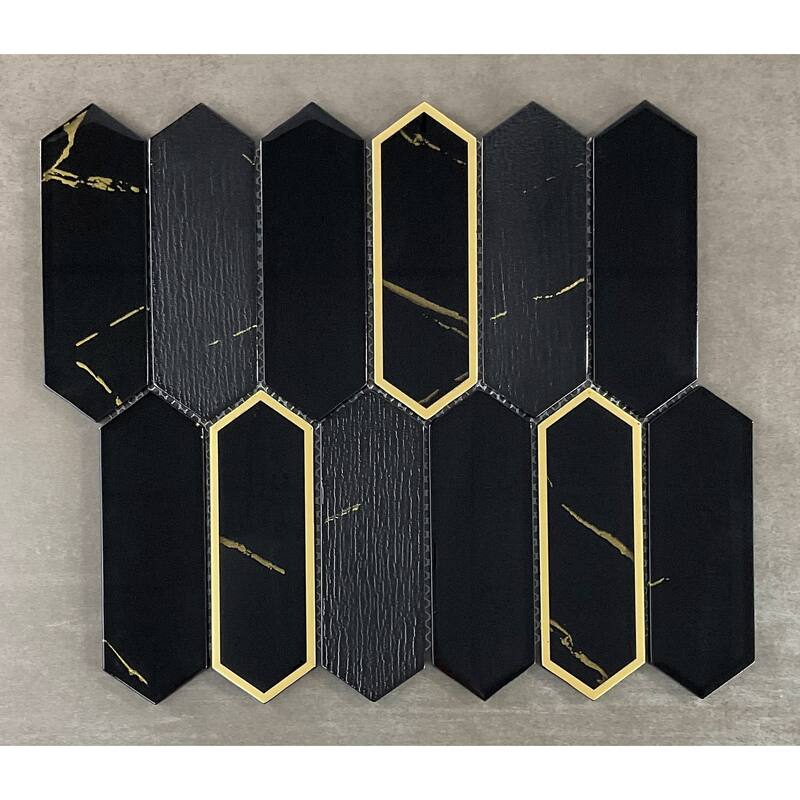 6 X 2 Long Hexagon Glass Wall Mosaic Tiles - Case (10 Sheets) - Black with Gold