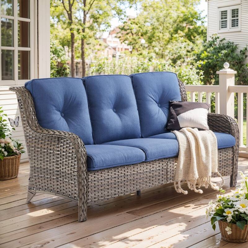 Gymojoy Outdoor Wicker Sofa Patio Rattan Wicker Furniture Cushion Sofa - Grey Wicker / Blue Cusion
