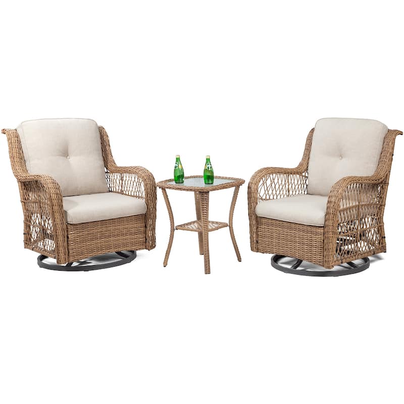 COZYWOR 3-Piece Yellow Wicker Outdoor Patio Swivel Rocking Chair