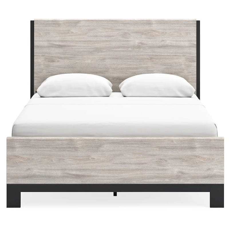 Veso Queen Size Panel Bed with Matte Black Finished Base, Gray Wood
