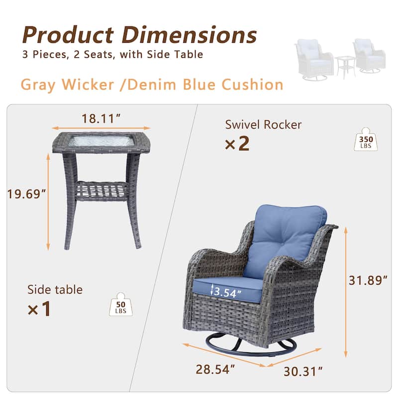 3 Piece Outdoor Patio Furniture Wicker High Back Swivel Chairs Set of 2
