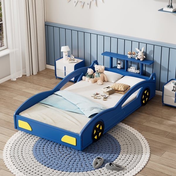 slide 2 of 7, Twin Size Car-Shaped Platform Bed with Safety Rails and Built-In Storage Shelf, Durable Wooden Frame with Supportive Slats Blue