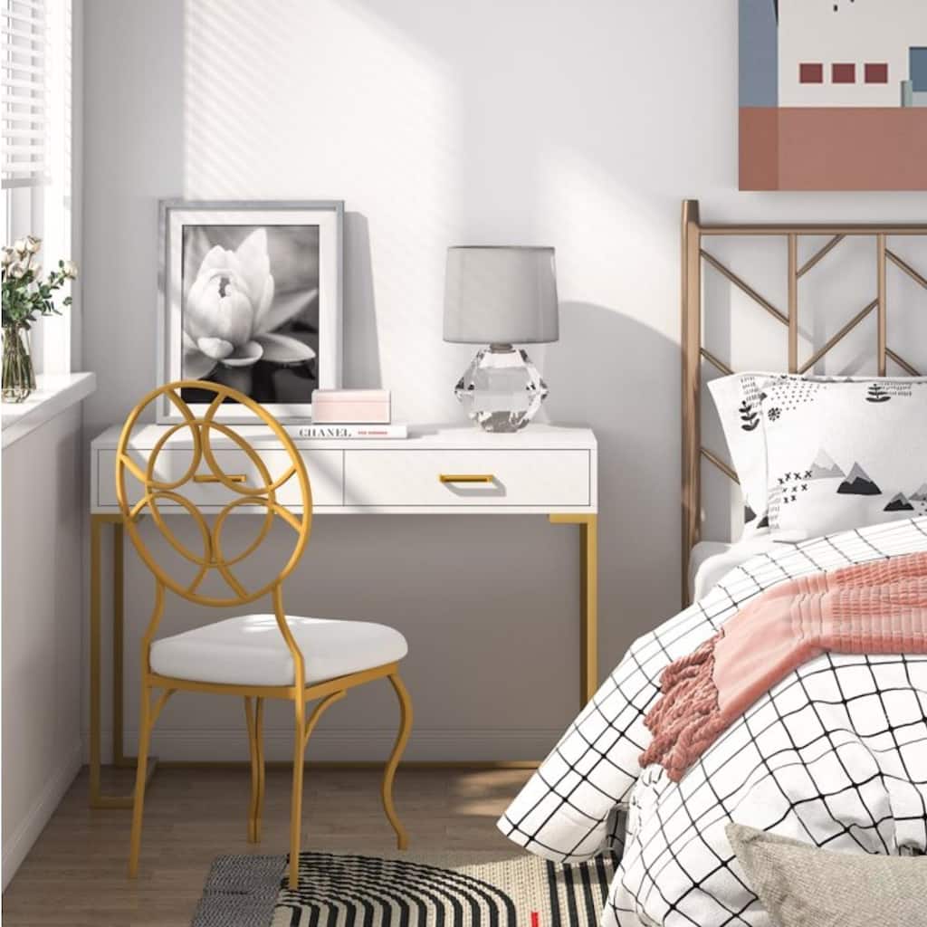 40" White and Gold Modern Computer Desk with 2 Drawers