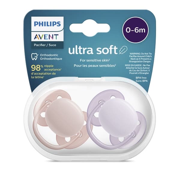 slide 2 of 7, Philips Avent Ultra Soft Pacifier 0 to 6M in Lychee and Fresh Lilac 4 Pack Multi