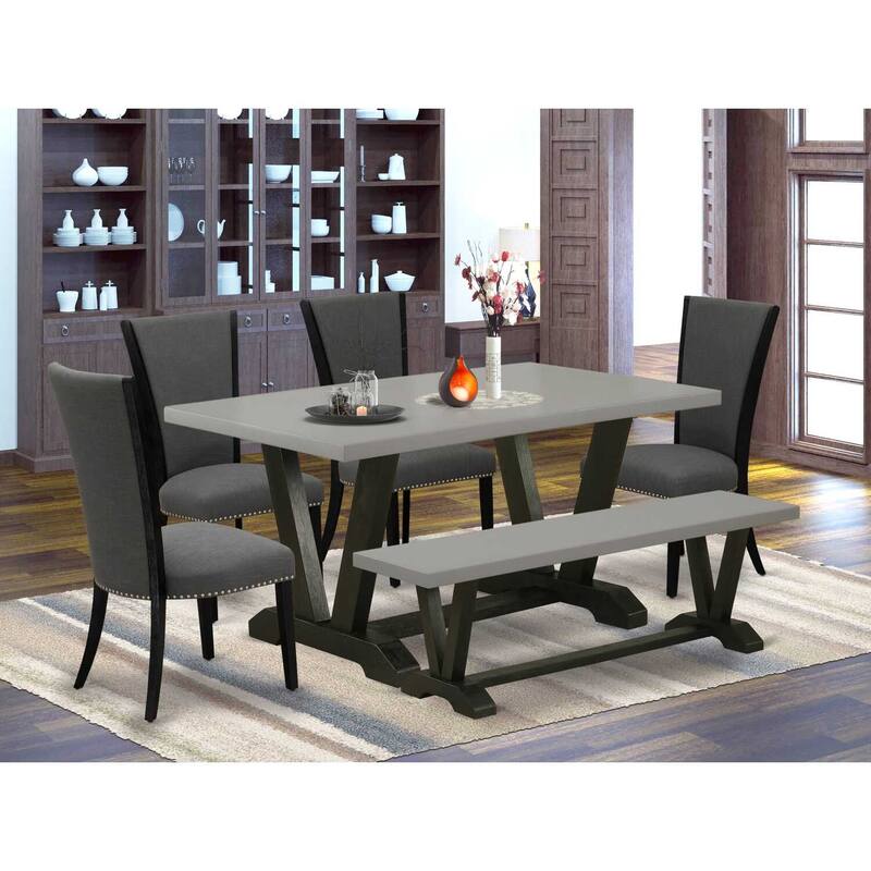 HomeStock 6-Piece Rectangle Natural Oak Finish Solid Wood Top Dining Table with 1-Bench, 4-Chairs