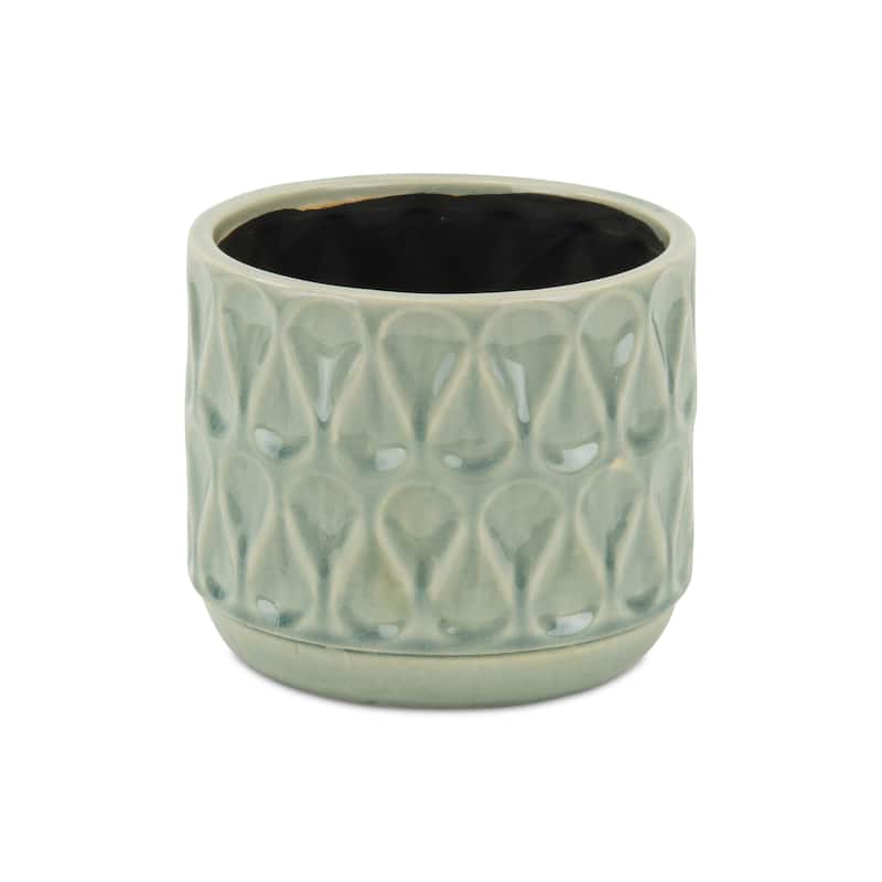HomeRoots 7" Green Geometric Imprint Ceramic Indoor Outdoor Round Pot Planter