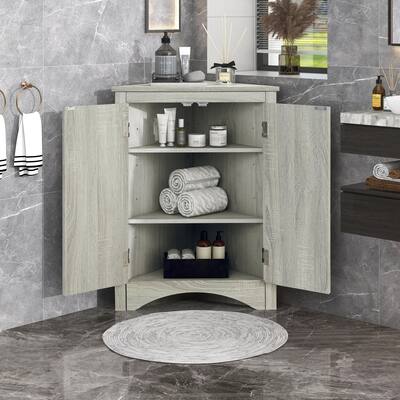 Freestanding Triangle Bathroom Storage Cabinet with Adjustable Shelves-Oak - Bathroom Cabinet