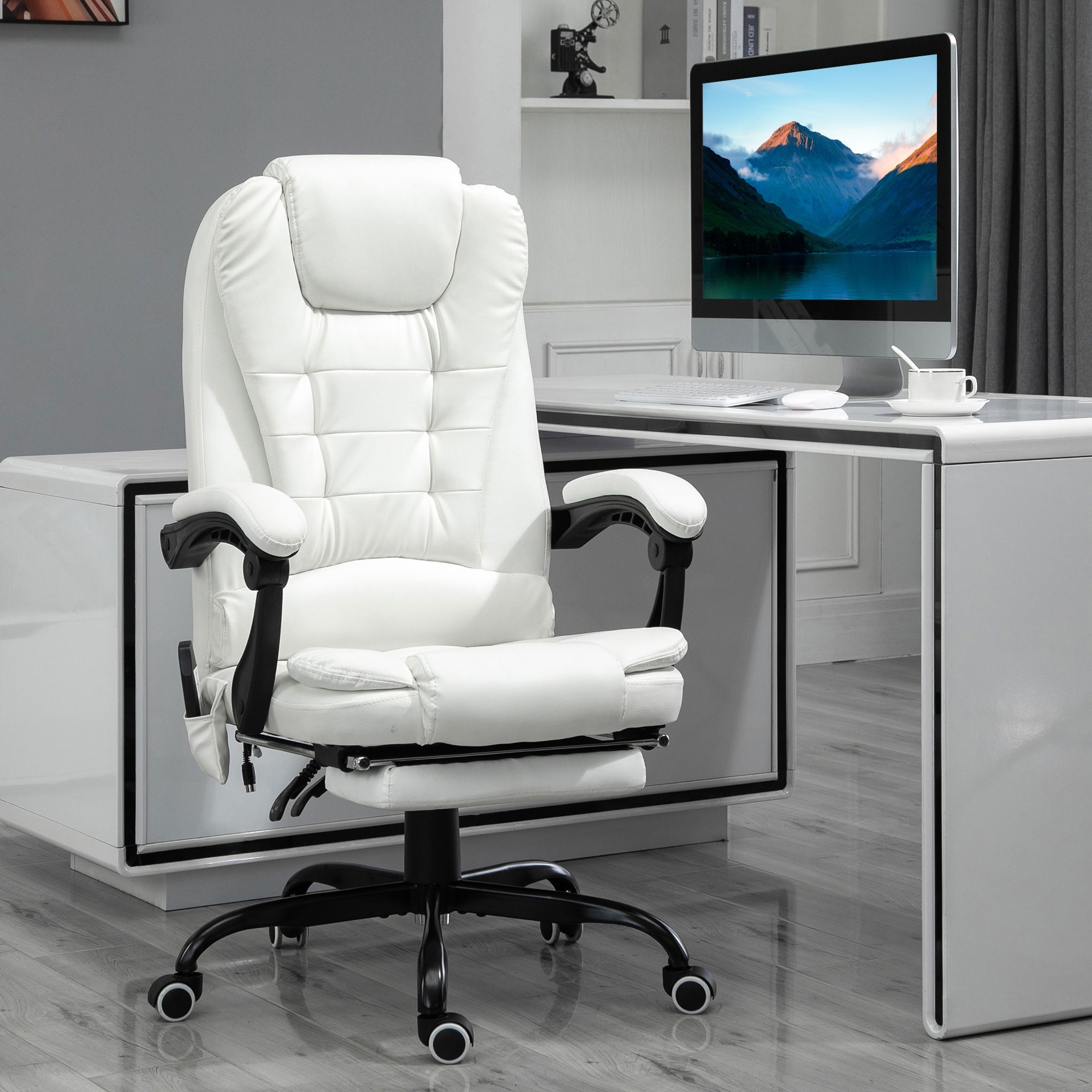 White Leather Office Chair with Vibration Massage, Reclining Back