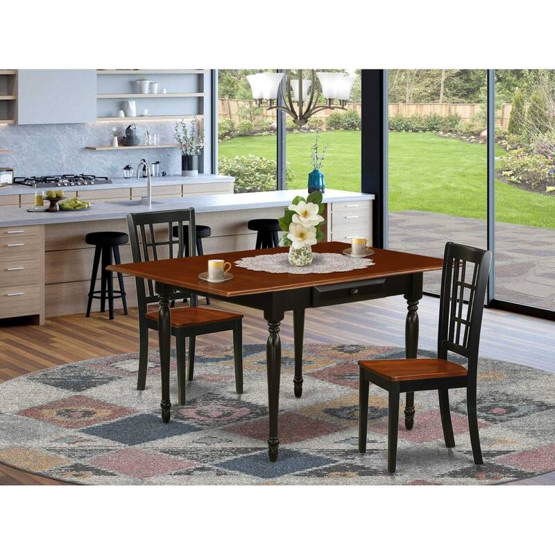 HomeStock 3-Pc Black and Cherry Finish Solid Wood Top with Dropleaf Dining Table Set