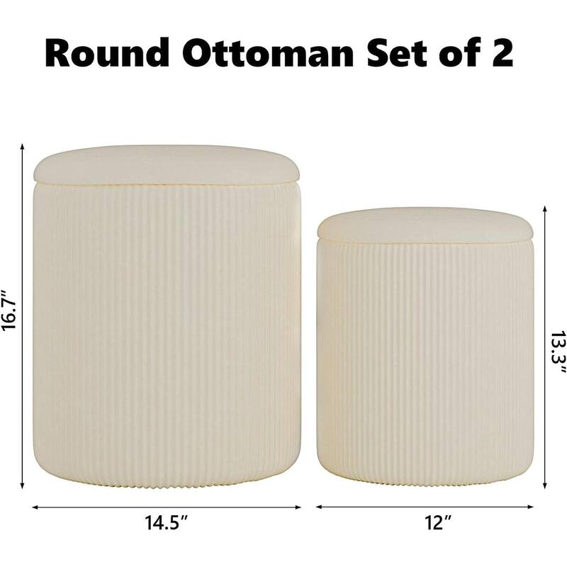 BOSSIN Round Ottoman with Storage Set of 2, Velvet Vanity Stool, Pouf Ottoman Foot Rest