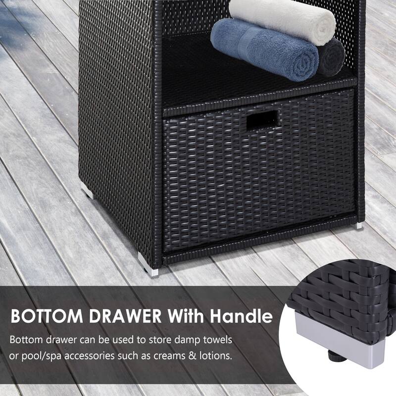 Pool Towel Rack Plastic Rattan Storage Organizer Waterproof Storage Organizer with 2 Shelves and Basket Drawer for Spa Pool