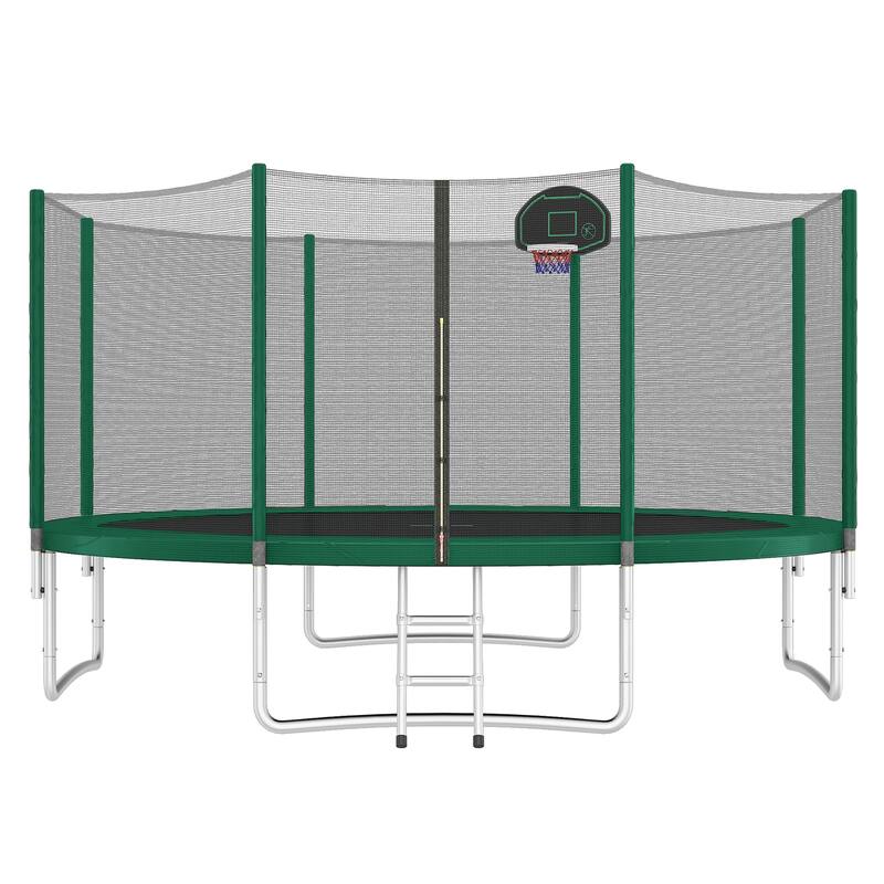14FT Kids Trampoline with Safety Net Basketball Hoop Ladder Easy Assembly Round Outdoor - Green