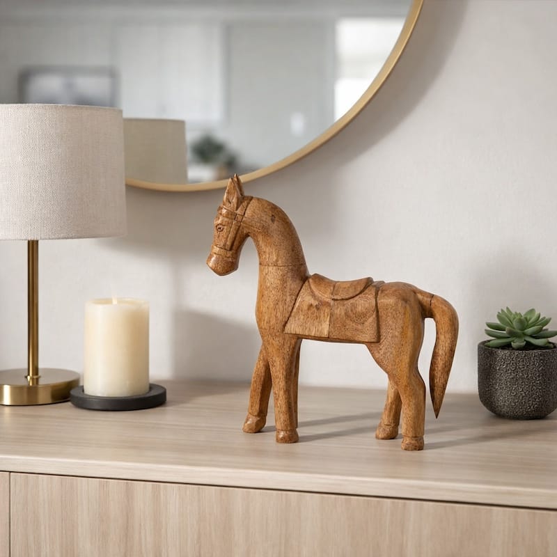 Wood Standing Horse with Saddle Figurine - Brown, 12" - 12.0"