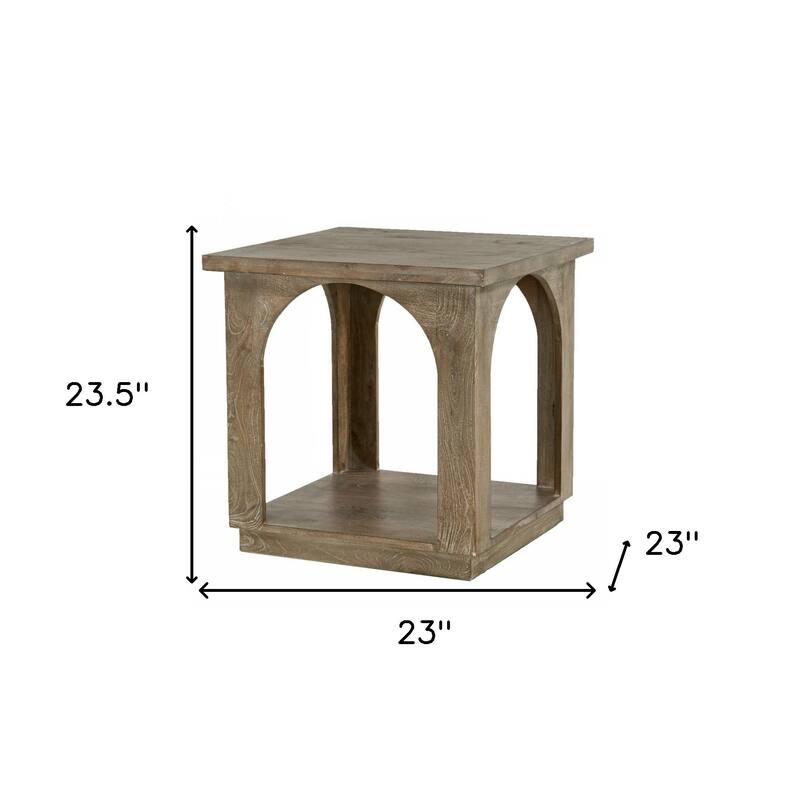 HomeRoots 24" Brown Distressed Solid Wood Square Floor Shelf End Table - 23 in. x 23.5 in. x 23 in.