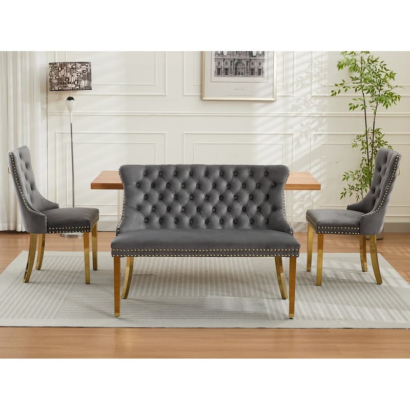 Velvet Double Dining Loveseat Bench, 2-Seat Tufted Bench w/Handmade Buttons, Wing Back, Gold-Plated Steel Legs,Single Pack