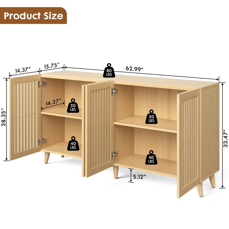 4 Doors Buffet Storage Cabinet, Console Sideboard for Kitchen Dining Room Entryway, Oak