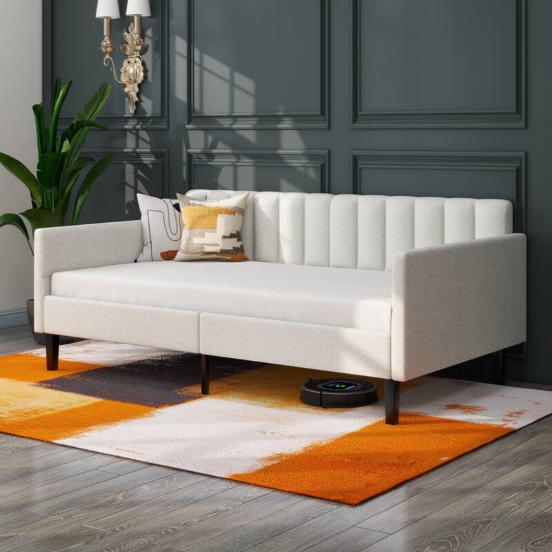 Upholstered Daybed with Tufted Backrest, Twin Size - Beige+Natural